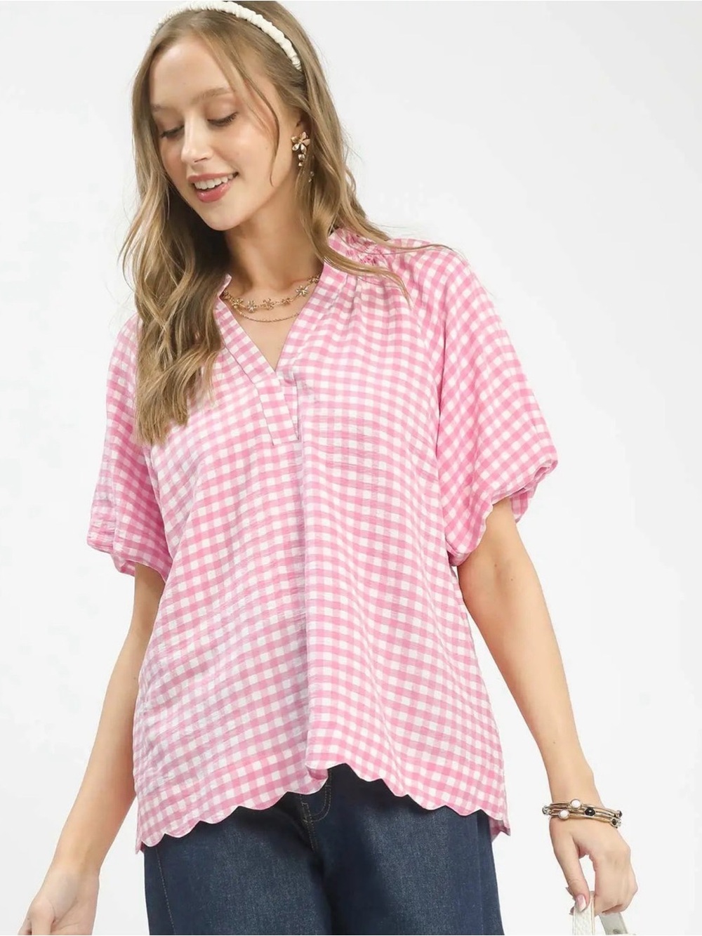 Umgee Pink Gingham V-Neck Short Sleeve Blouse